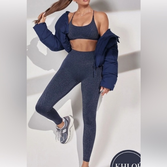 Fabletics Deep Navy Sparkle Seamless Bra & High Waisted Legging SET Size Medium - Picture 1 of 8